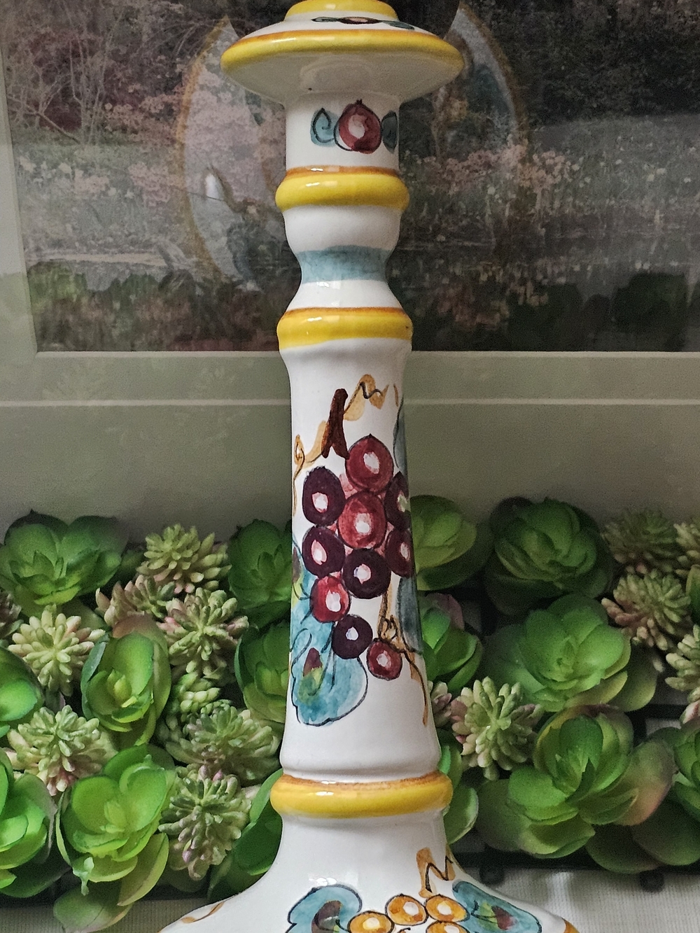 Deruta Italy Hand-Painted 10" Tall Ceramic Candle Holder with Grapes Design